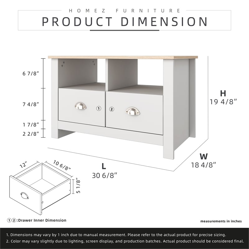 31 in. White and Natural Oak Rectangle Wood Coffee Table with 2 Drawers