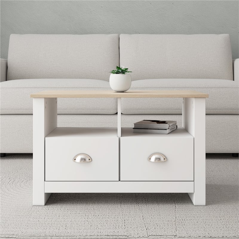 31 in. White and Natural Oak Rectangle Wood Coffee Table with 2 Drawers
