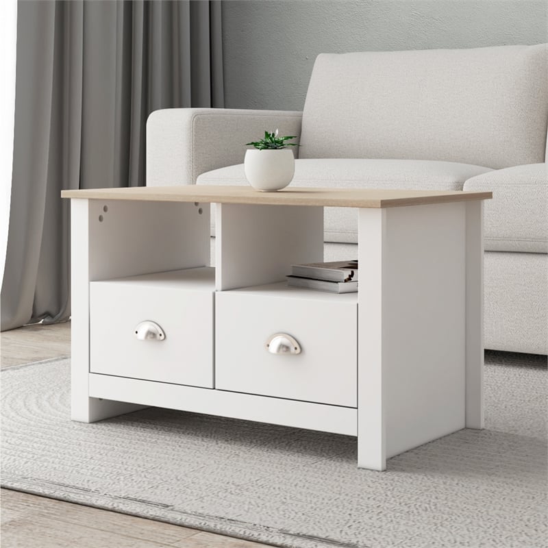 31 in. White and Natural Oak Rectangle Wood Coffee Table with 2 Drawers