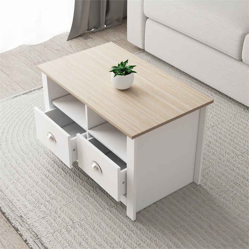 31 in. White and Natural Oak Rectangle Wood Coffee Table with 2 Drawers