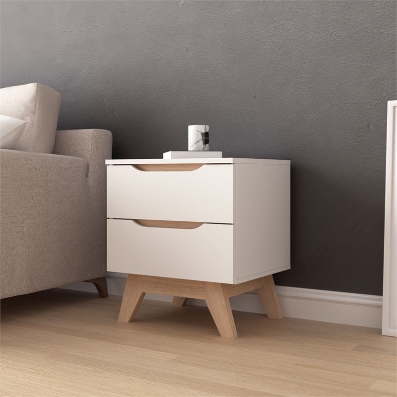 18.89 in. White and Natural Oak Rectangle Wood End Table with 2 Drawers
