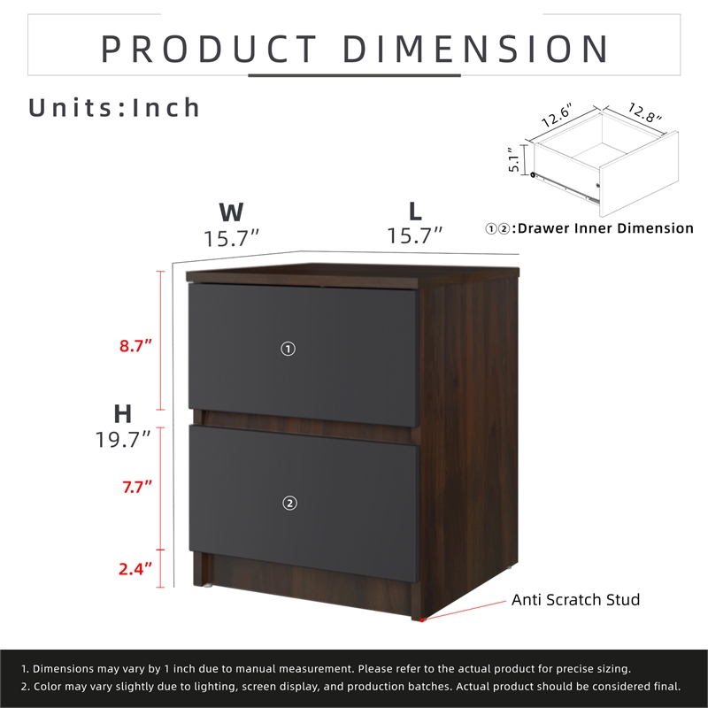 15.74 in. Walnut and Grey Rectangle Wood End Table with 2 Drawers
