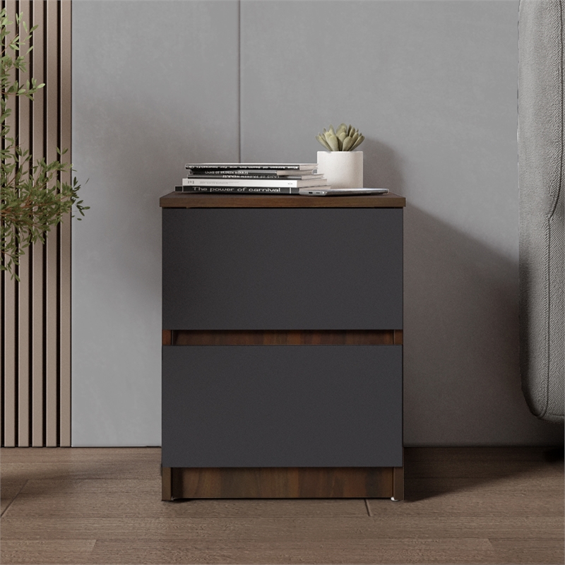 15.74 in. Walnut and Grey Rectangle Wood End Table with 2 Drawers