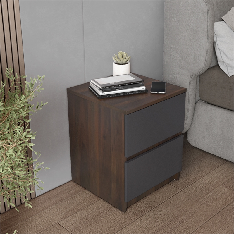 15.74 in. Walnut and Grey Rectangle Wood End Table with 2 Drawers