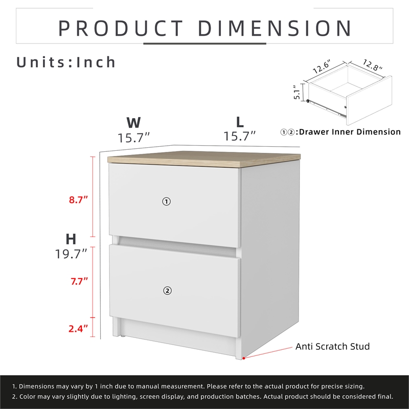 15.74 in. White and Natural Oak Rectangle Wood End Table with 2 Drawers