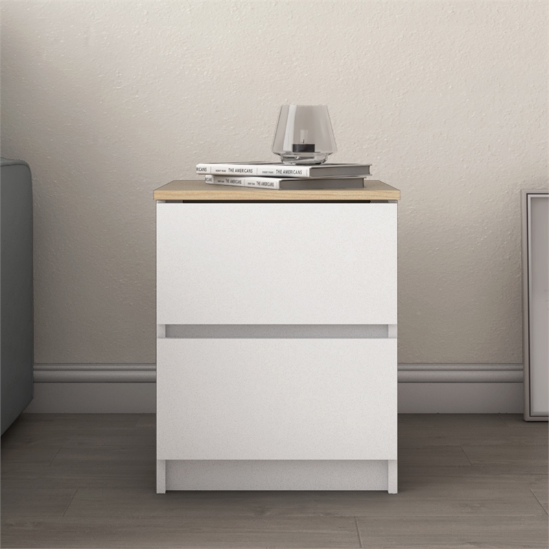 15.74 in. White and Natural Oak Rectangle Wood End Table with 2 Drawers