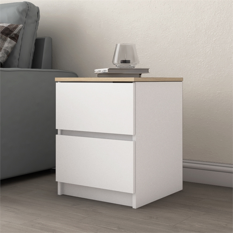 15.74 in. White and Natural Oak Rectangle Wood End Table with 2 Drawers