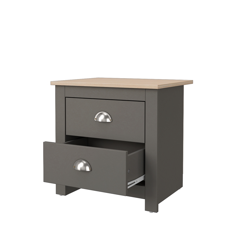 19.68 in. Grey and Natural Oak Rectangle Wood End Table with 2 Drawers