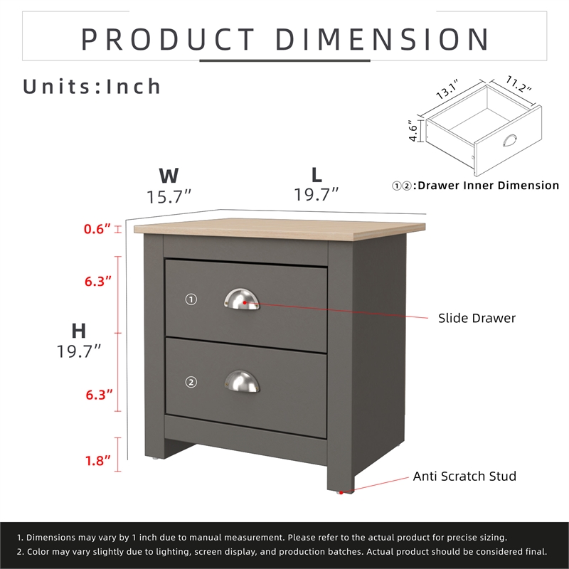 19.68 in. Grey and Natural Oak Rectangle Wood End Table with 2 Drawers