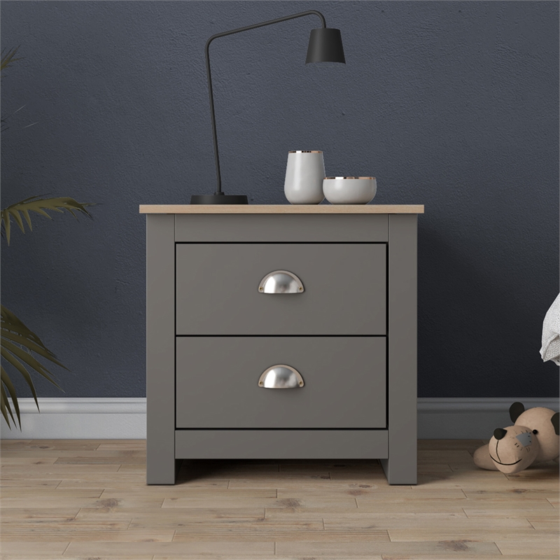19.68 in. Grey and Natural Oak Rectangle Wood End Table with 2 Drawers