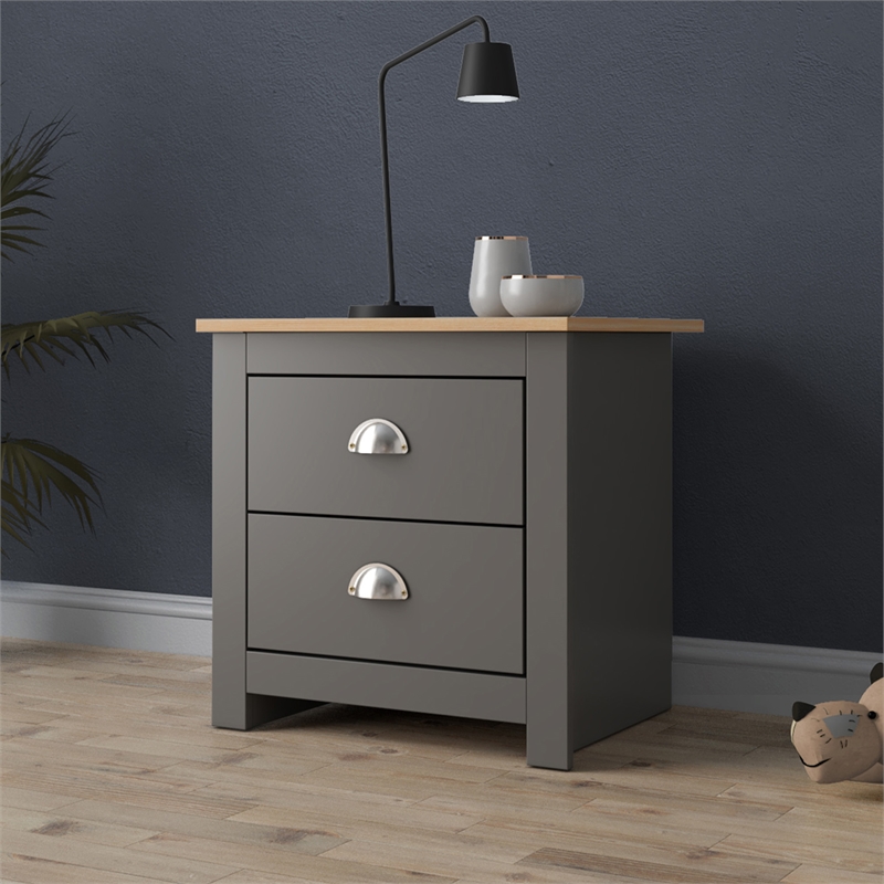 19.68 in. Grey and Natural Oak Rectangle Wood End Table with 2 Drawers
