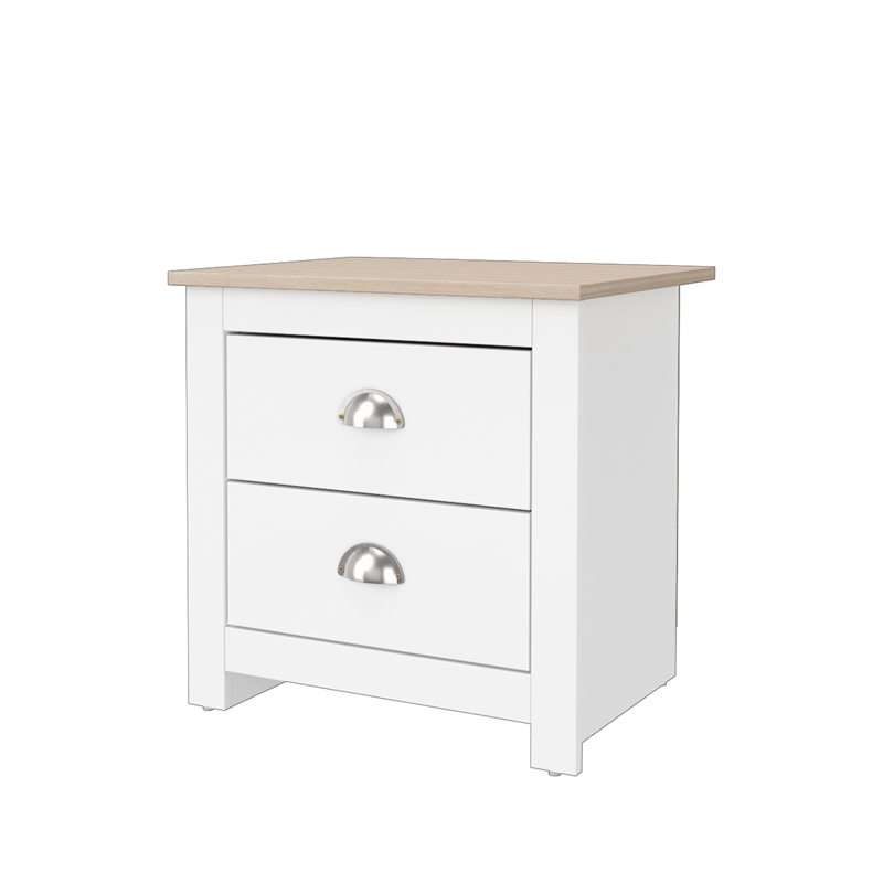 19.68 in. White and Natural Oak Rectangle Wood End Table with 2 Drawers