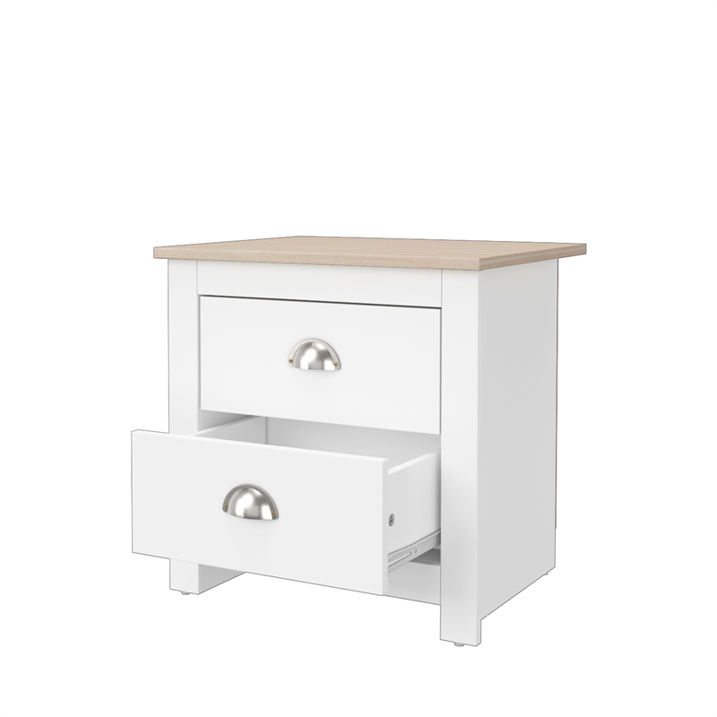 19.68 in. White and Natural Oak Rectangle Wood End Table with 2 Drawers
