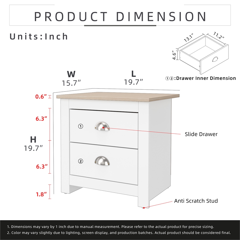 19.68 in. White and Natural Oak Rectangle Wood End Table with 2 Drawers