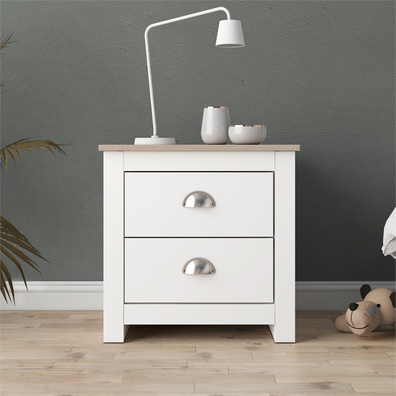 19.68 in. White and Natural Oak Rectangle Wood End Table with 2 Drawers