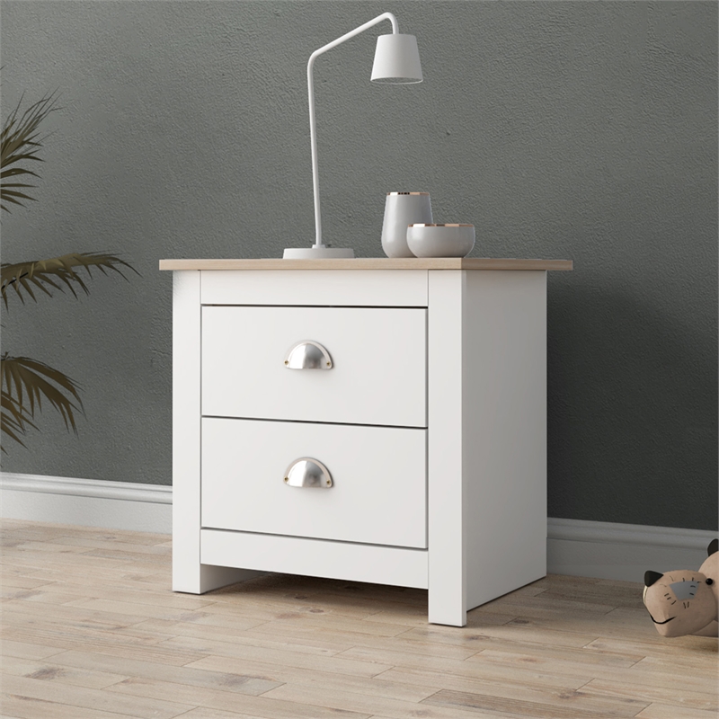 19.68 in. White and Natural Oak Rectangle Wood End Table with 2 Drawers