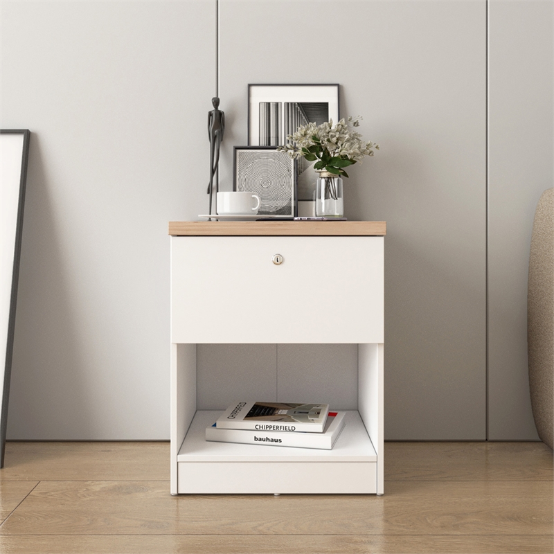 15.74 in. White and Natural Oak Rectangle Wood End Table with 1 Drawer