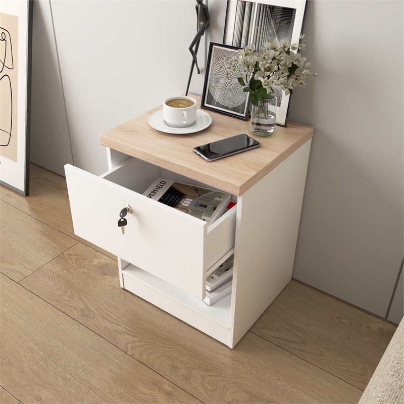 15.74 in. White and Natural Oak Rectangle Wood End Table with 1 Drawer