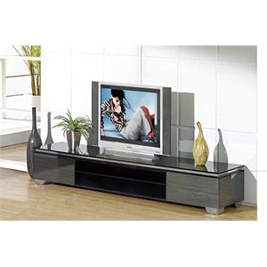TV Stand with black glass top and gray mirror drawers and shelf