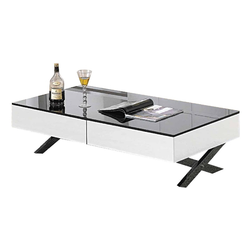 Coffee Table with Black glass top and White Mirror drawers