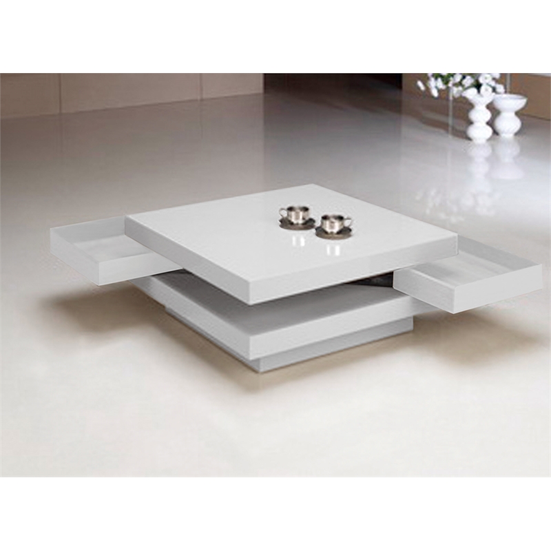White Lacquer Wood Coffee Table with Two White Drawers