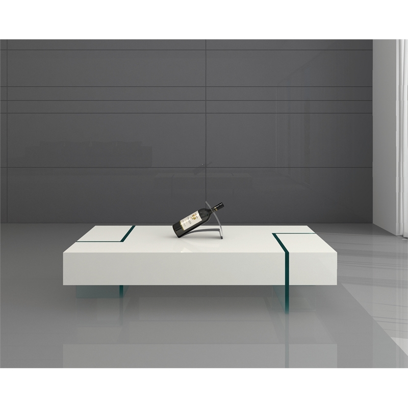 Coffee Table with White Lacquer Wood Top and 15mm thick Glass Legs