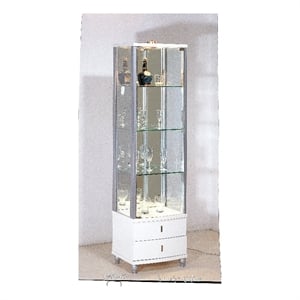 White Wood Lacquer Single Door Curio with Two Drawers Mirror and Light