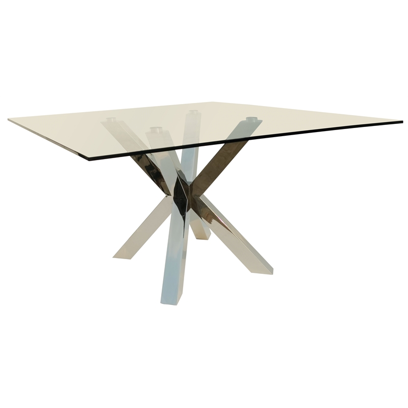 60'' Clear Square Glass Dining Table Stainless Steel Base