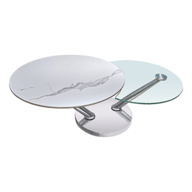 Motion Coffee Table with One White/Gray Ceramic Top and One Clear Glass Top