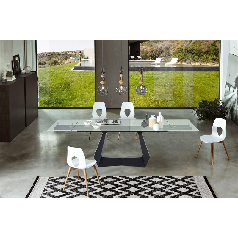 Clear Glass Extension Dining Table with Black Metal Base
