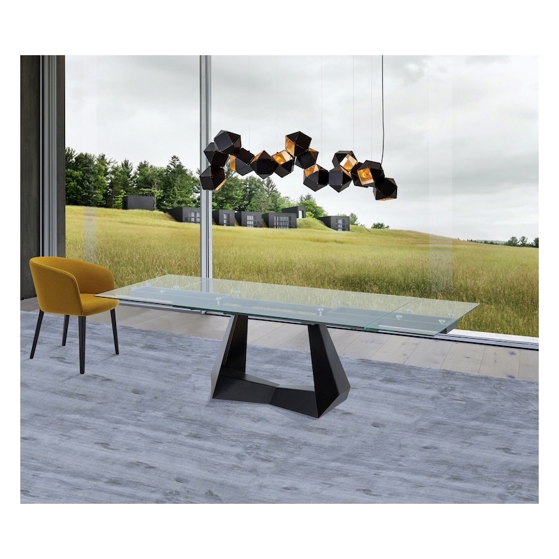 Clear Glass Extension Dining Table with Black Metal Base
