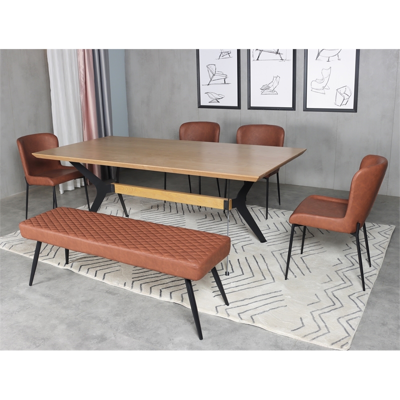 Cognac Upholstered Faux Leather Dining Bench with Black Sanded Metal Legs