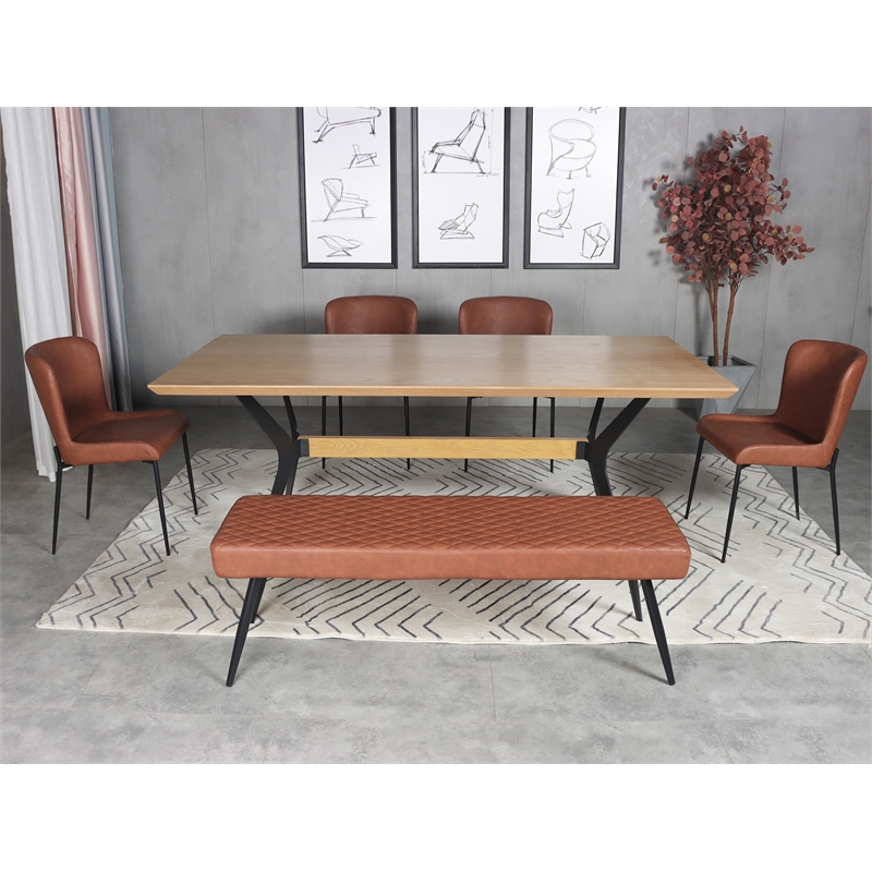 Cognac Upholstered Faux Leather Dining Bench with Black Sanded Metal Legs