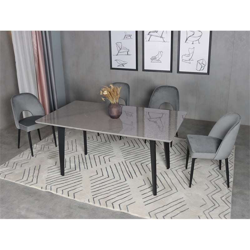 Sintered Stone Gray Dining Table with Black Metal Legs