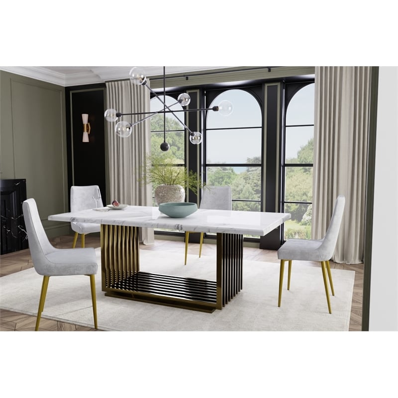 Dining Table with White Marble Top and Matte Gold Base