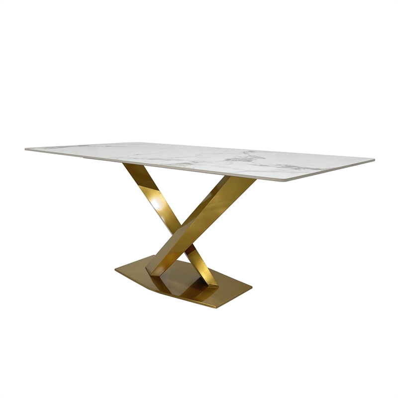 Dining Table with White Slate Marble Top and Matte Gold Base
