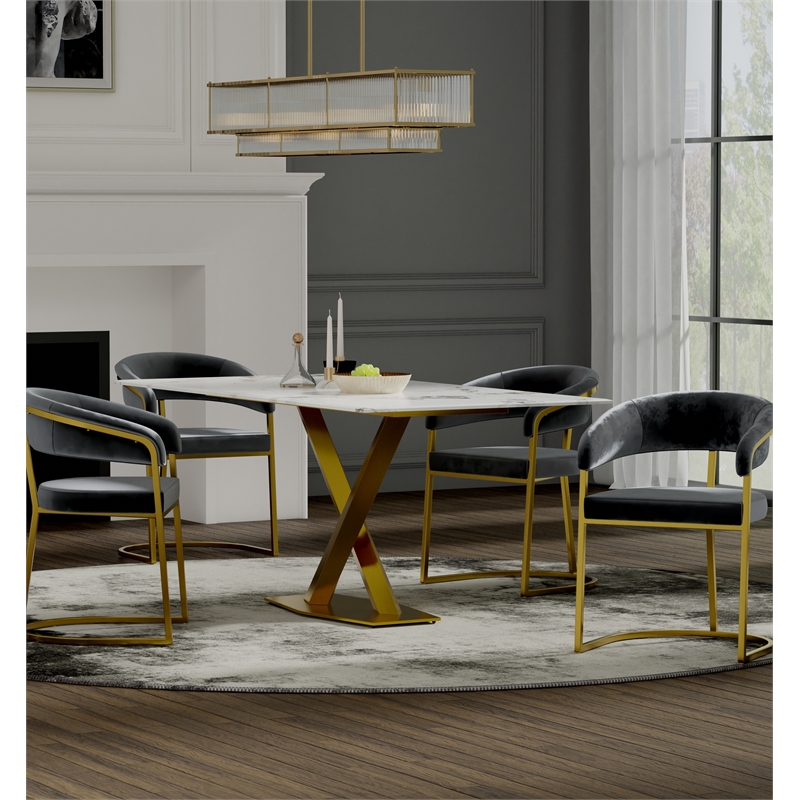 Dining Table with White Slate Marble Top and Matte Gold Base