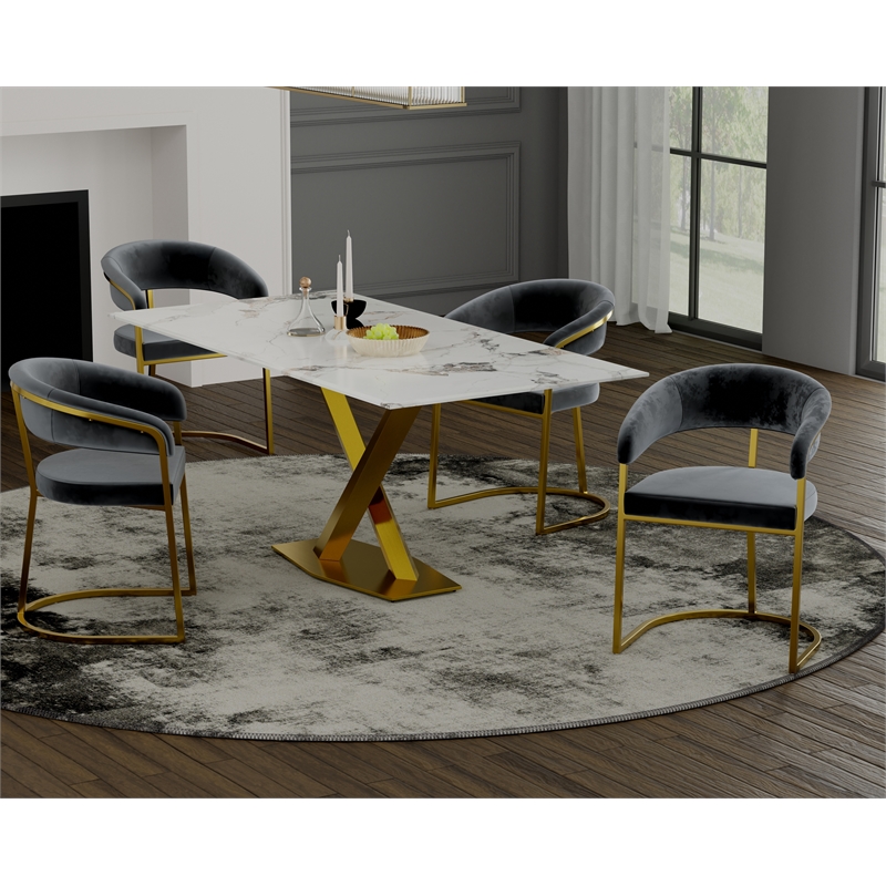 Dining Table with White Slate Marble Top and Matte Gold Base