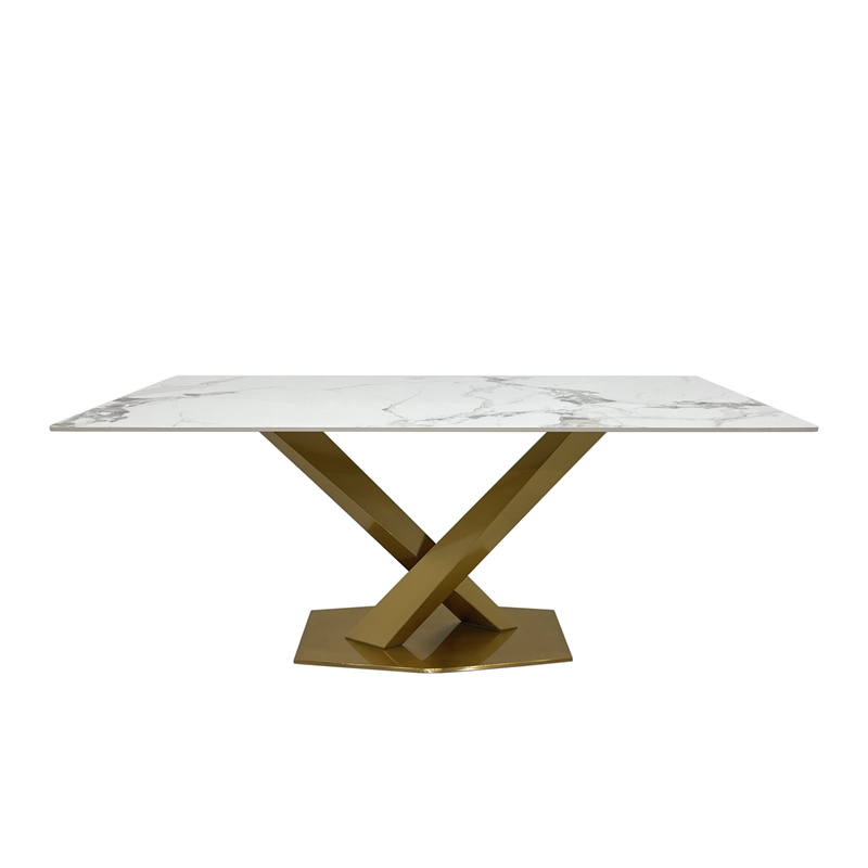 Dining Table with White Slate Marble Top and Matte Gold Base
