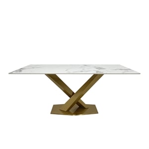 Dining Table with White Slate Marble Top and Matte Gold Base