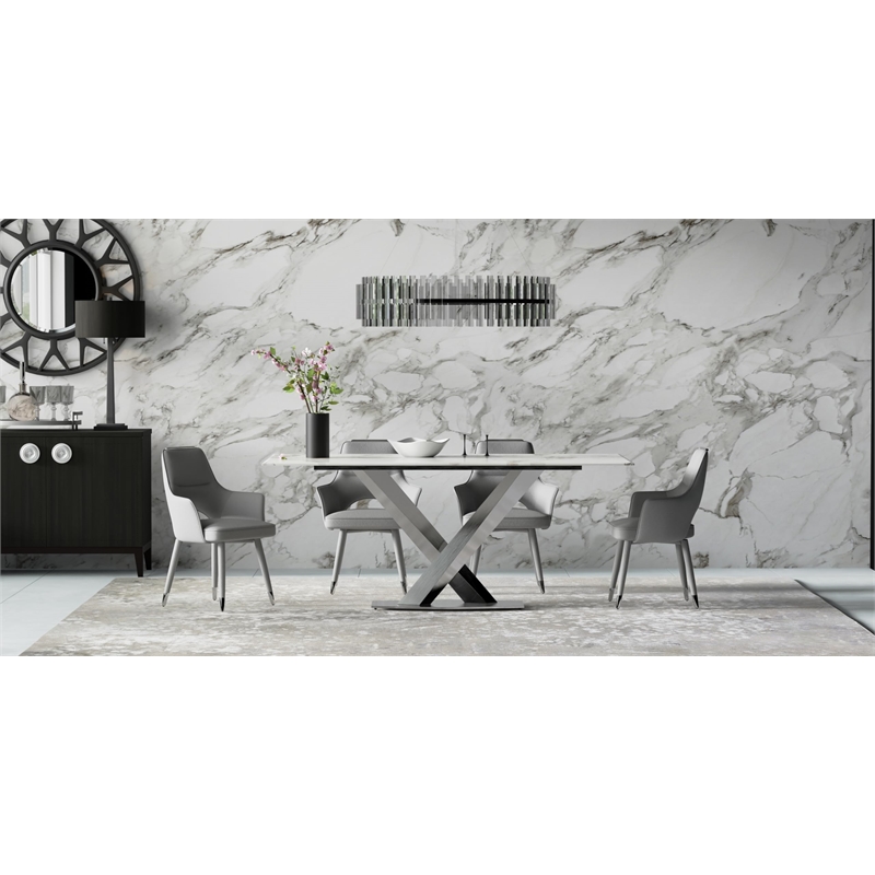 Set of 4 Gray Faux Leather Dining Chair with Stainless Steel Silver Legs