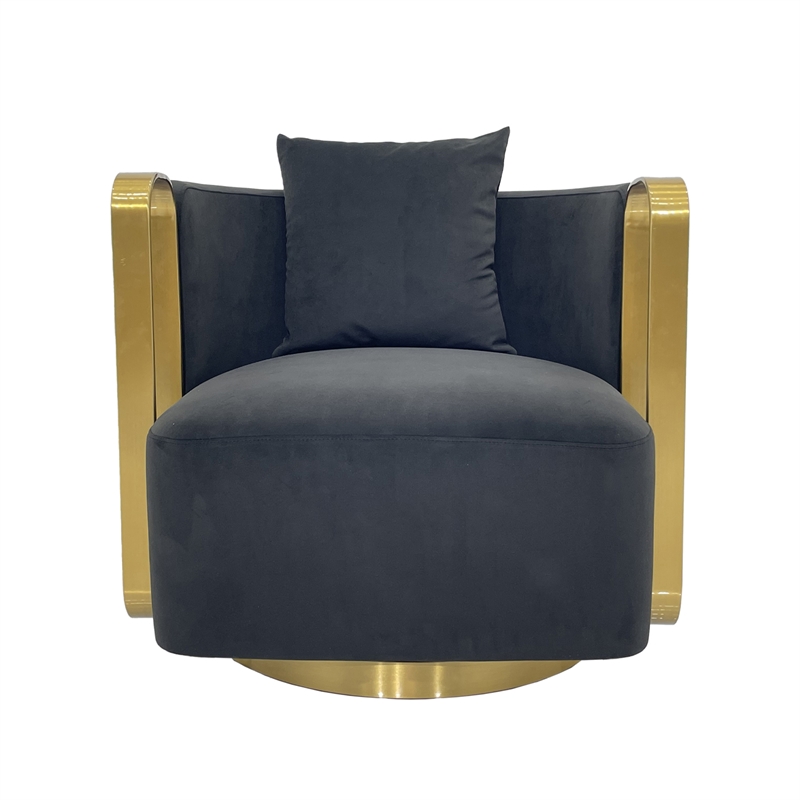 Swivel Accent Chair with Black Fabric Cushion and Matte Gold Frame