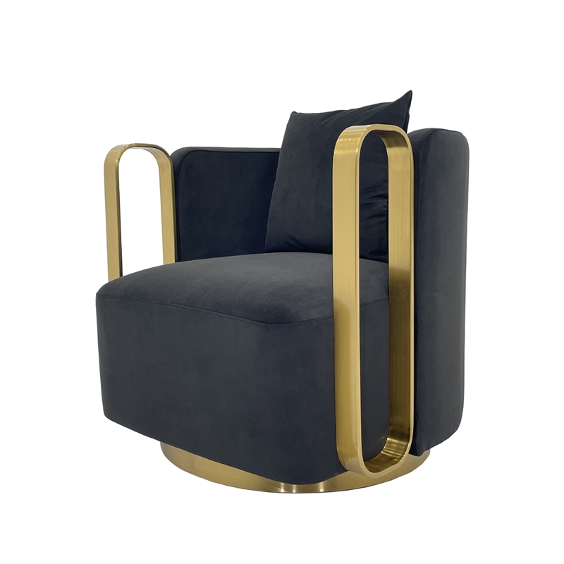 Swivel Accent Chair with Black Fabric Cushion and Matte Gold Frame