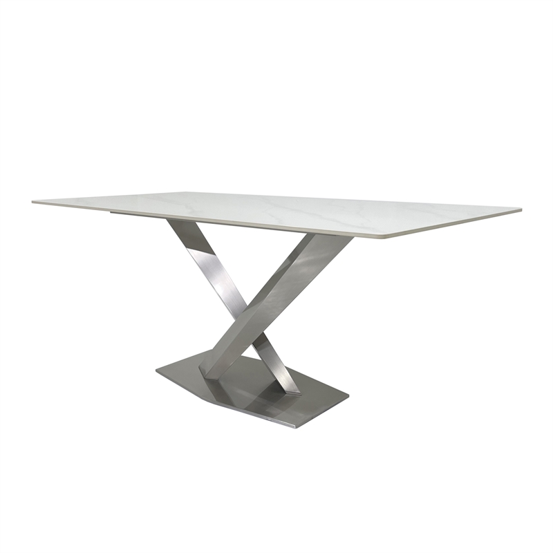 Dining Table with White Slate Marble Top and Matte Silver Base