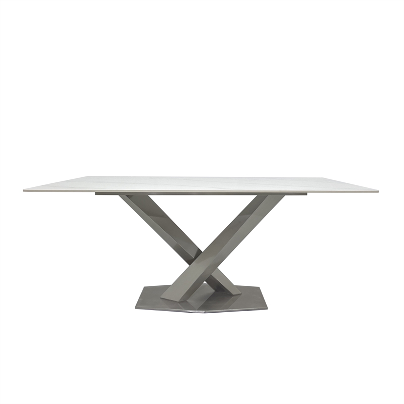 Dining Table with White Slate Marble Top and Matte Silver Base