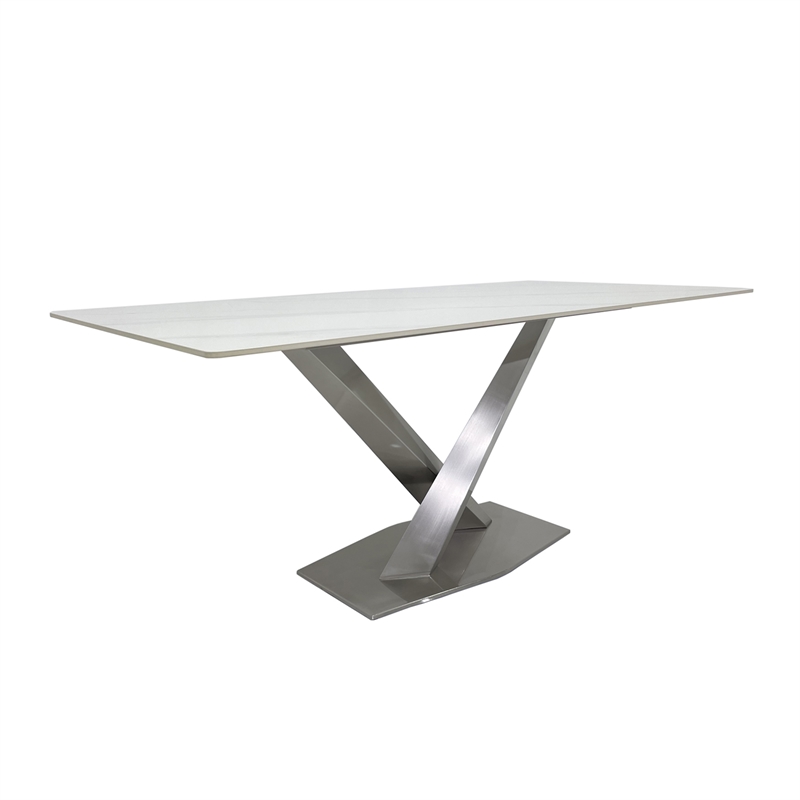 Dining Table with White Slate Marble Top and Matte Silver Base