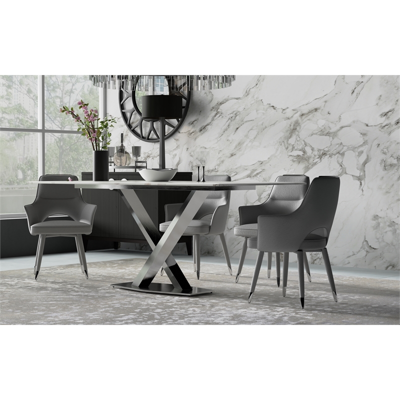 Dining Table with White Slate Marble Top and Matte Silver Base