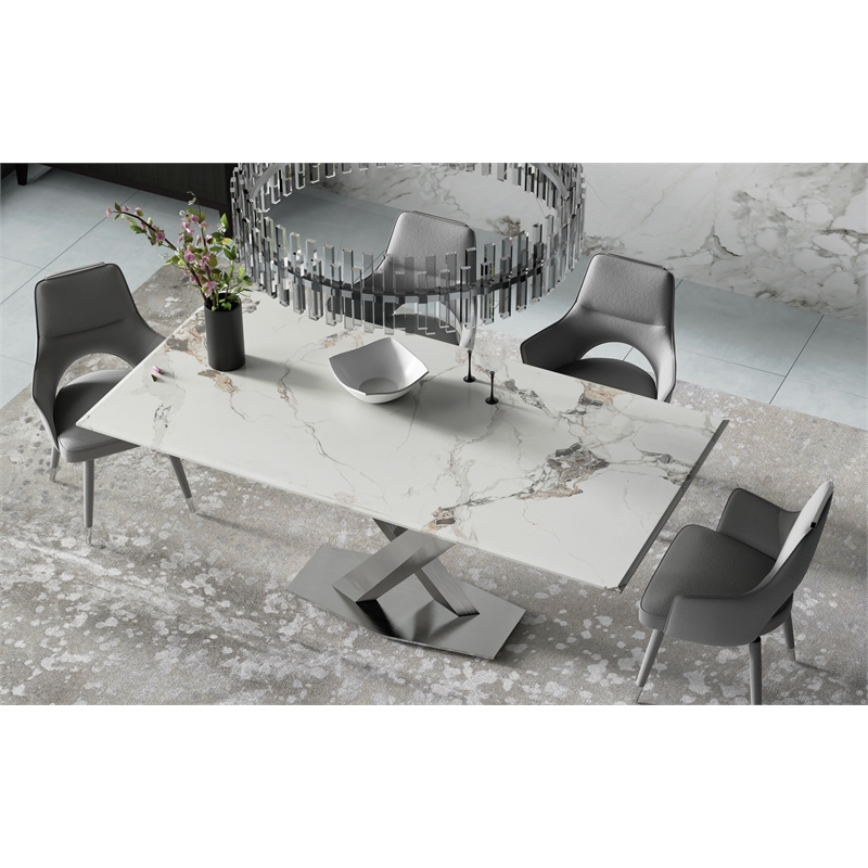 Dining Table with White Slate Marble Top and Matte Silver Base