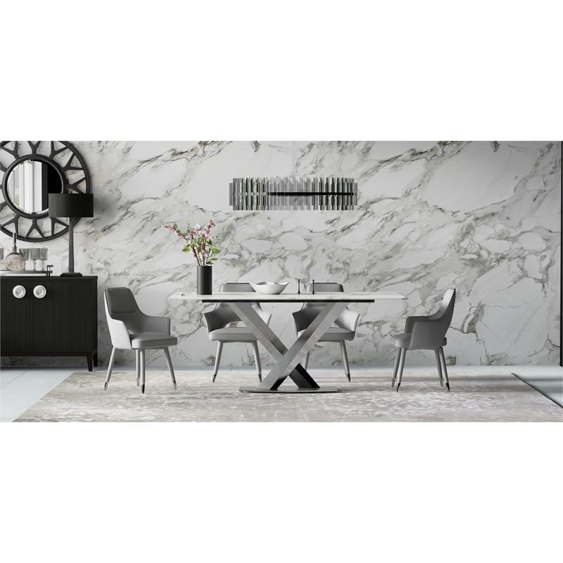 Dining Table with White Slate Marble Top and Matte Silver Base