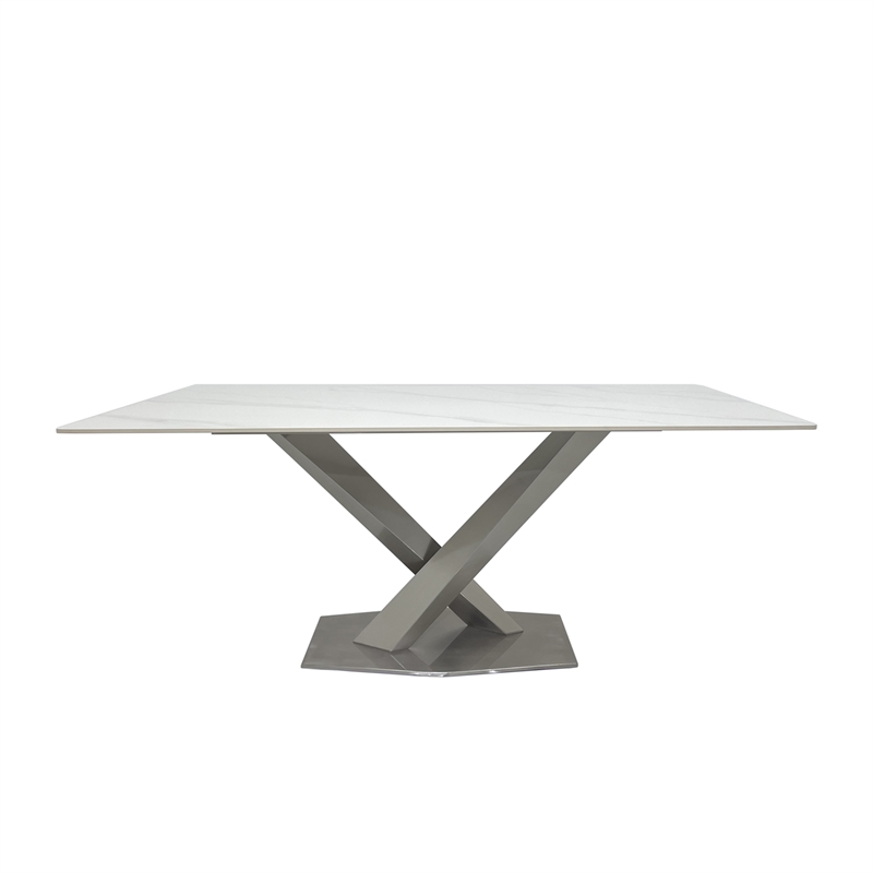 Dining Table with White Slate Marble Top and Matte Silver Base